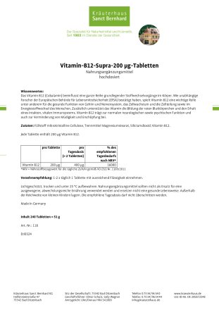 Vitamin-B12-Supra-200 µg-Tabletten 240 Tabletten für 4 bis 8 Monate