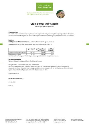 Grünlippmuschel-Kapseln 150 Kapseln für 2 Monate