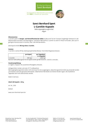 L-Carnitin Kapseln 180 Kapseln f&uuml;r 1&frac12; Monate