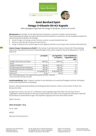 Omega-3+Vitamin-D3+K2-Kapseln 120 Kapseln f&uuml;r 2 Monate